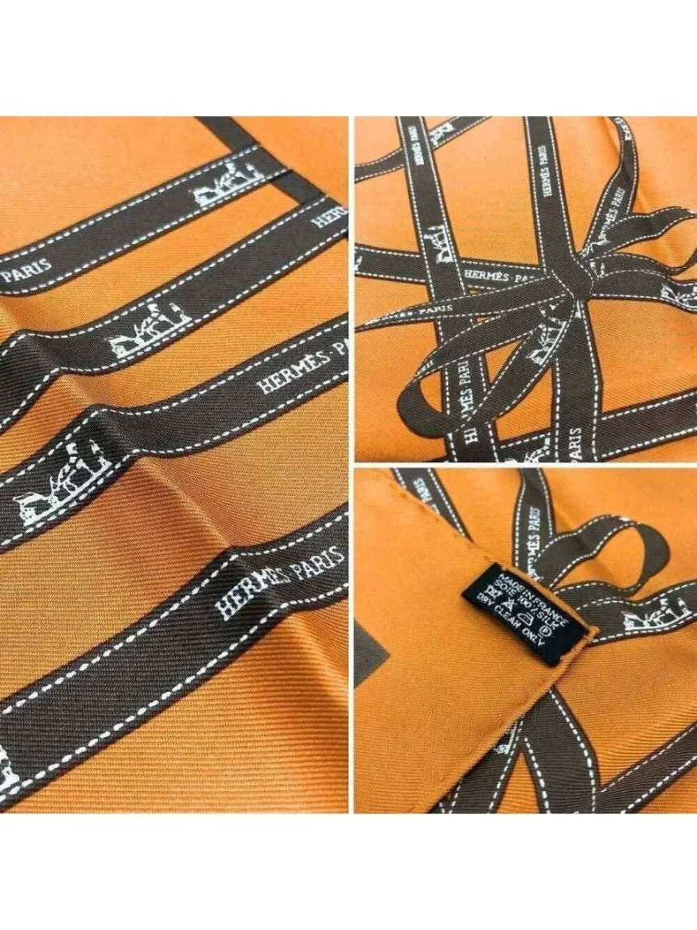 Hermes Carre 45 Scarf Bolduc Au Ribbon Pattern Orange Silk